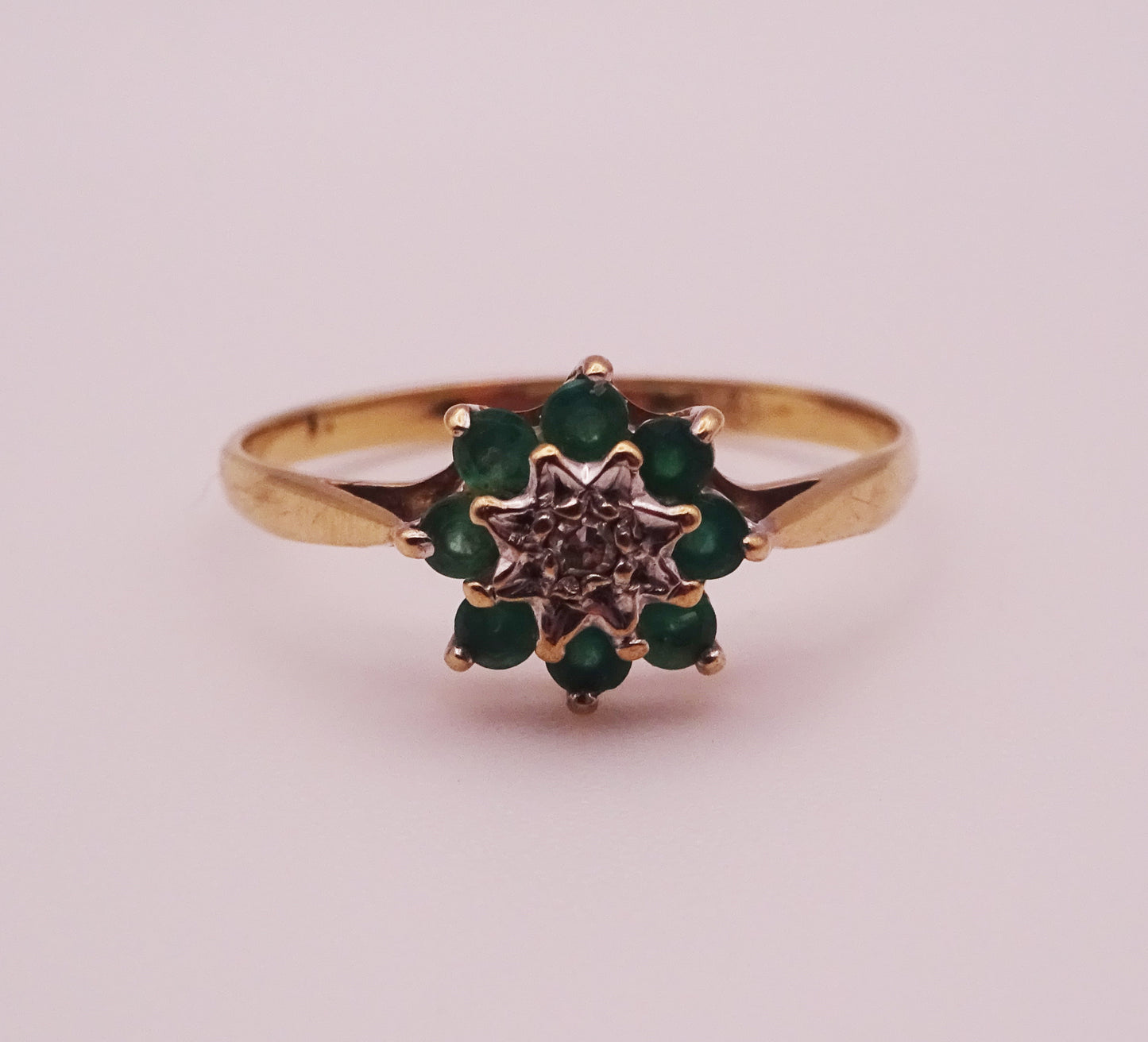 9ct Gold Emerald & Diamond Flower Cluster Ring