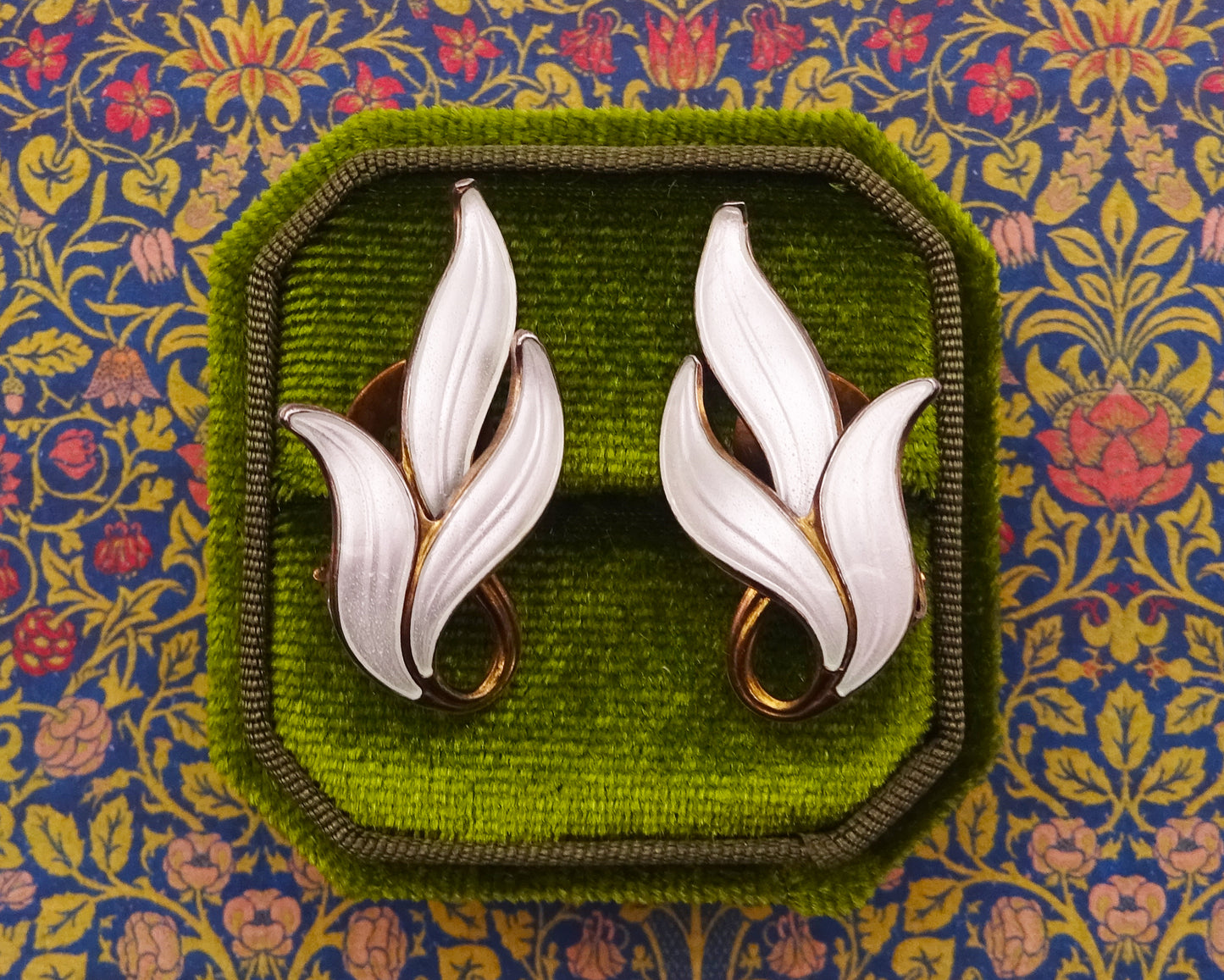 Scandinavian Silver Gilt and White Enamel Leaf Clip On Earrings