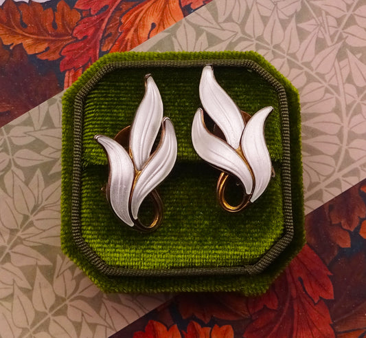 Scandinavian Silver Gilt and White Enamel Leaf Clip On Earrings