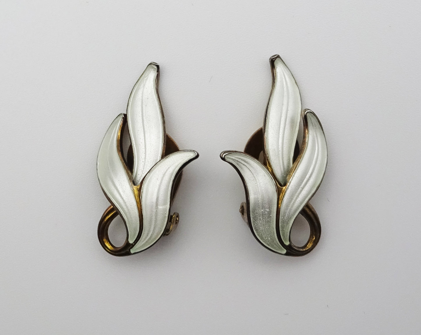 Scandinavian Silver Gilt and White Enamel Leaf Clip On Earrings