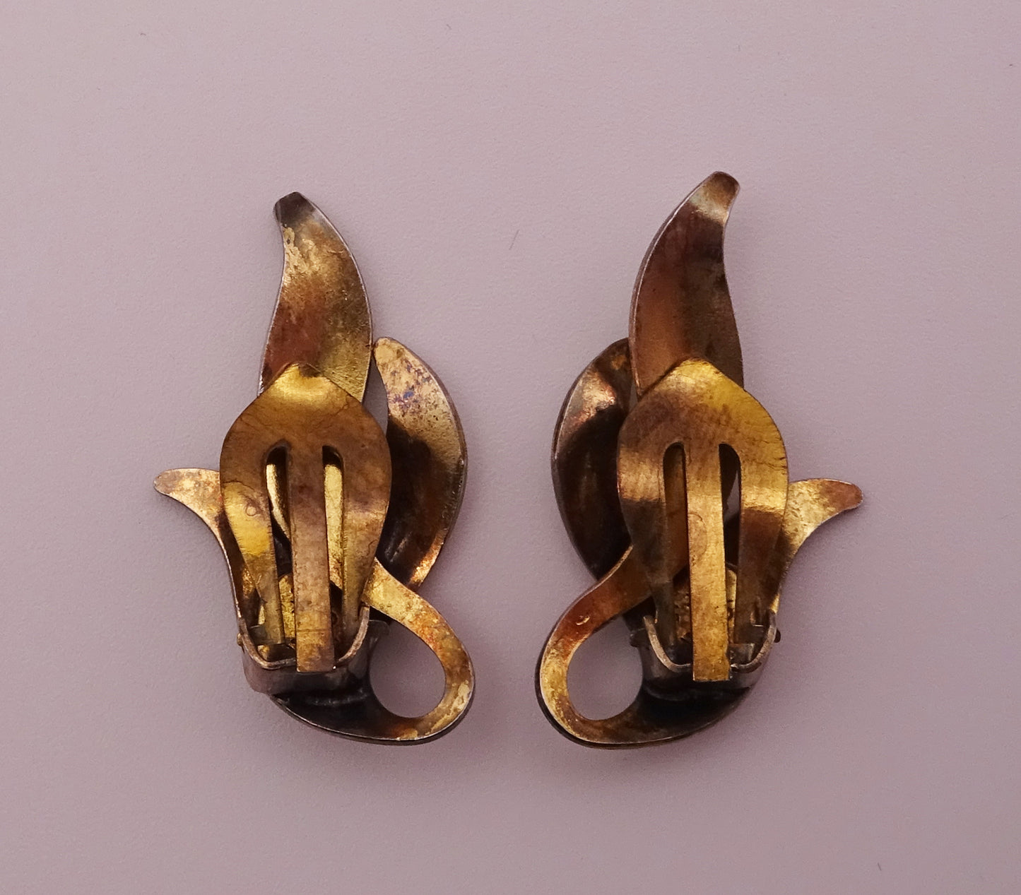 Scandinavian Silver Gilt and White Enamel Leaf Clip On Earrings