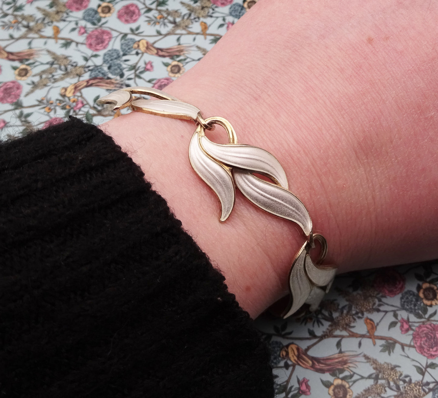 Scandinavian Silver Gilt and White Enamel Leaf Bracelet