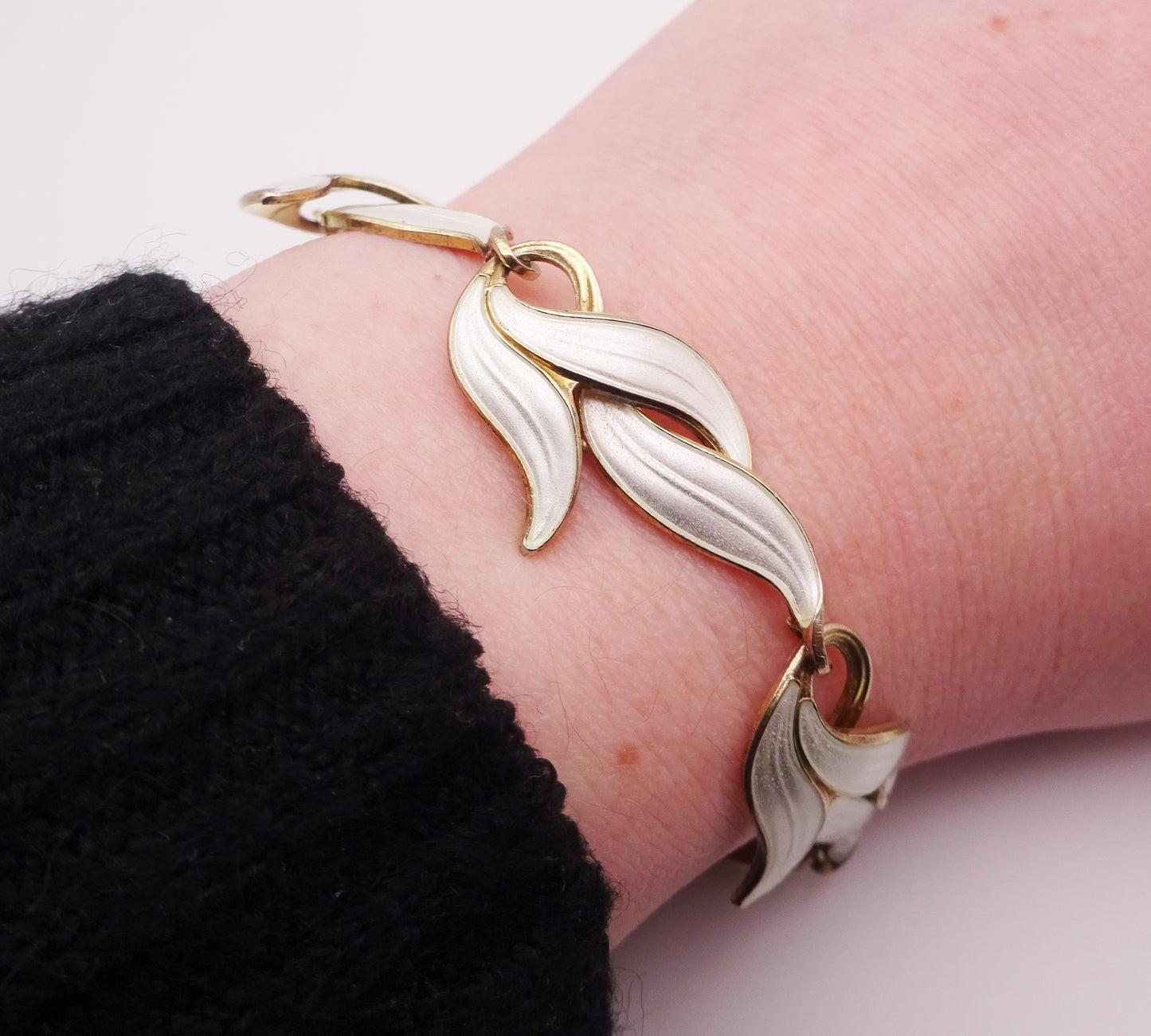 Scandinavian Silver Gilt and White Enamel Leaf Bracelet