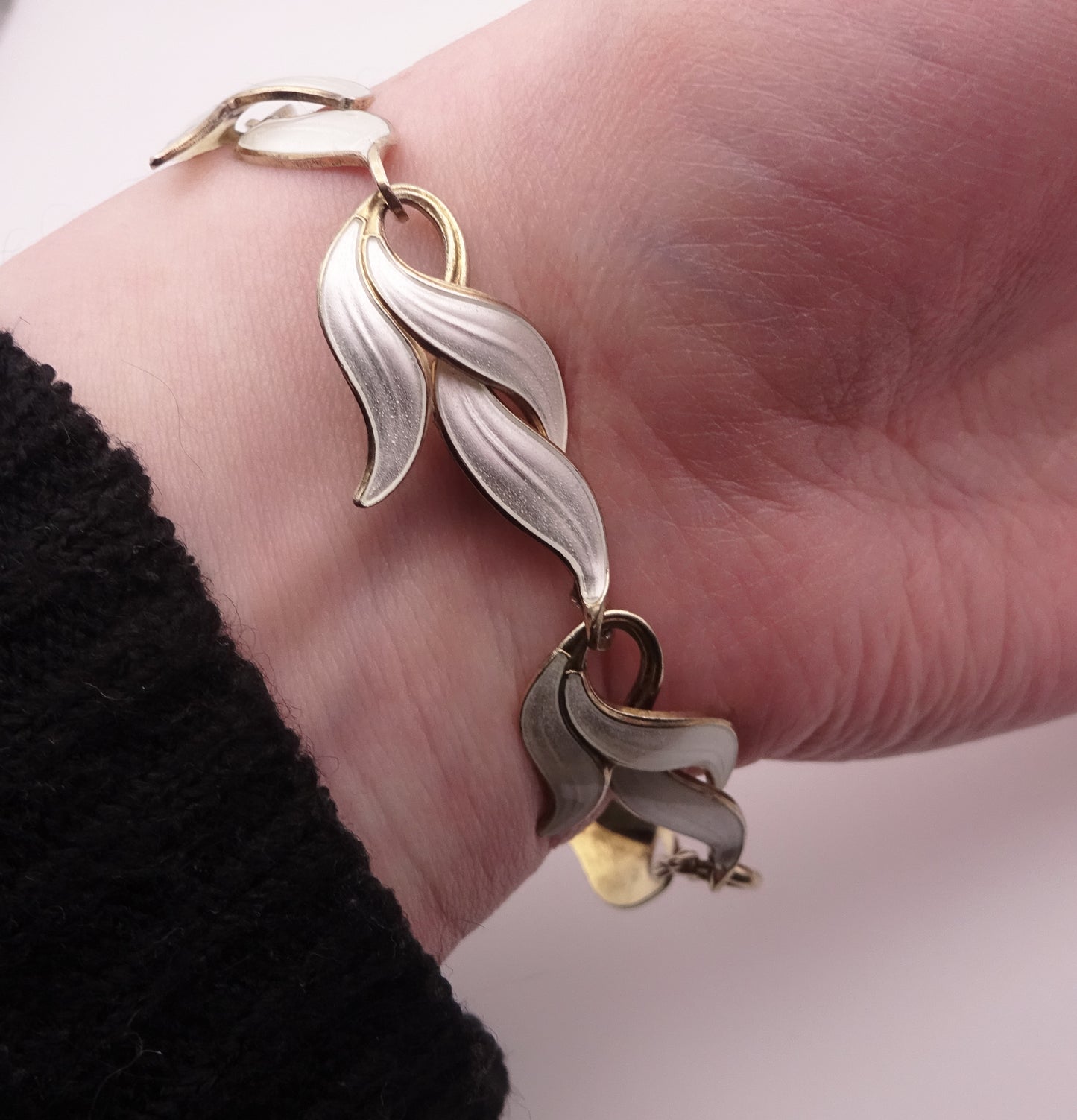 Scandinavian Silver Gilt and White Enamel Leaf Bracelet