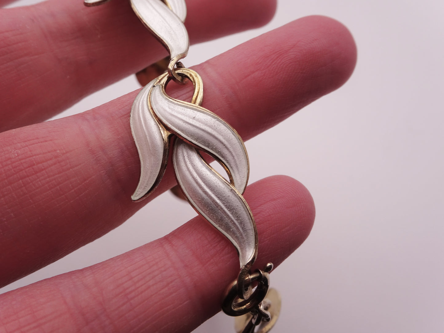 Scandinavian Silver Gilt and White Enamel Leaf Bracelet