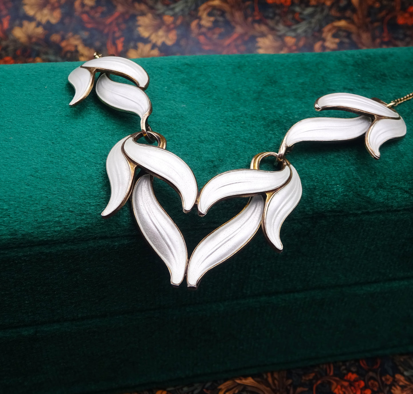 Scandinavian Silver Gilt and White Enamel Leaf Necklace