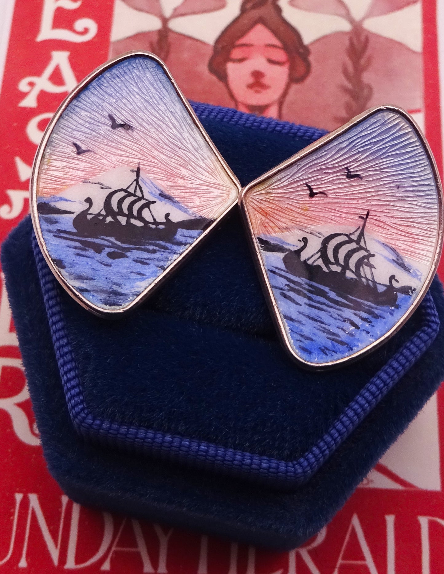 Norwegian Silver and Enamel Longship Clip On Earrings