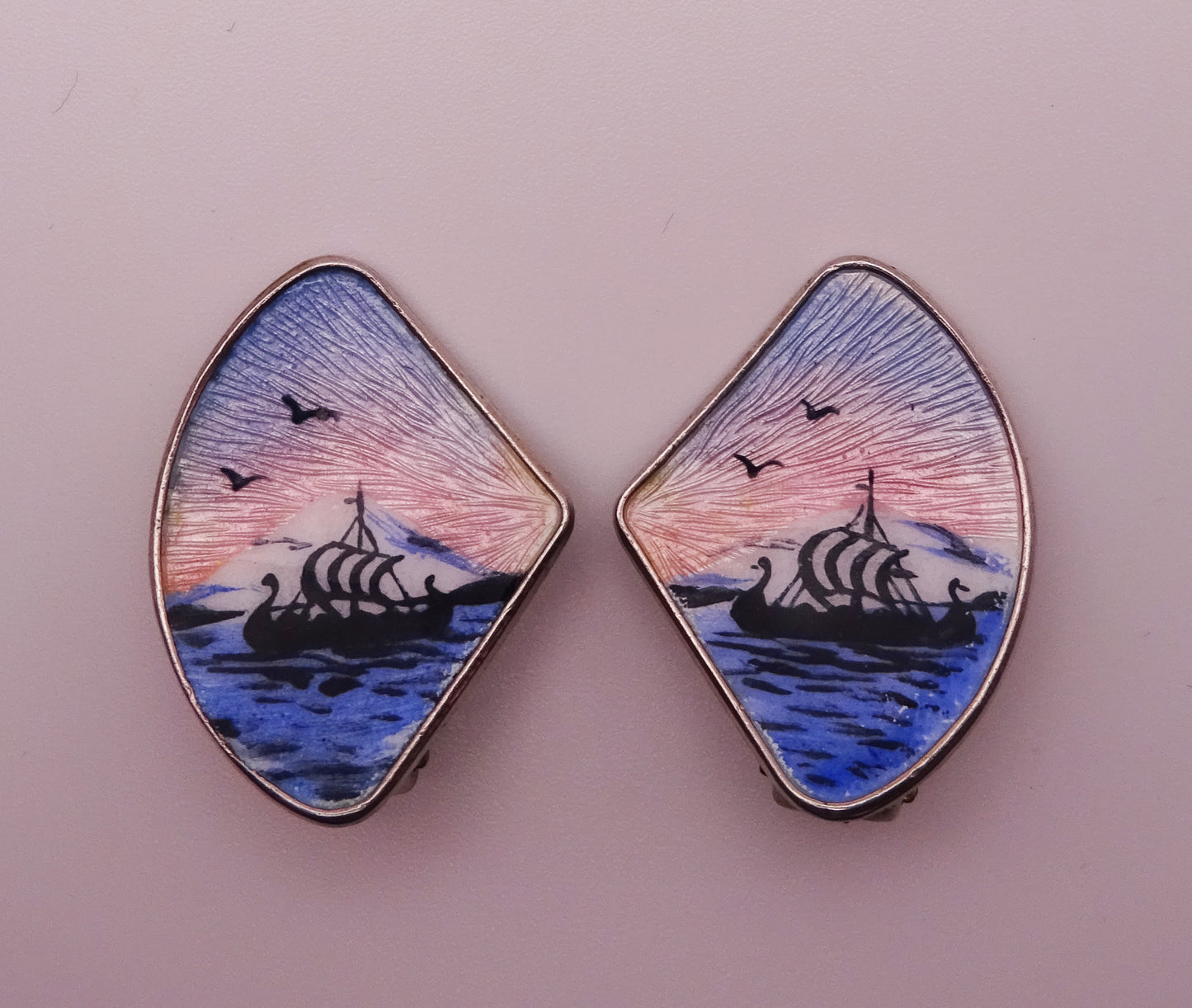 Norwegian Silver and Enamel Longship Clip On Earrings