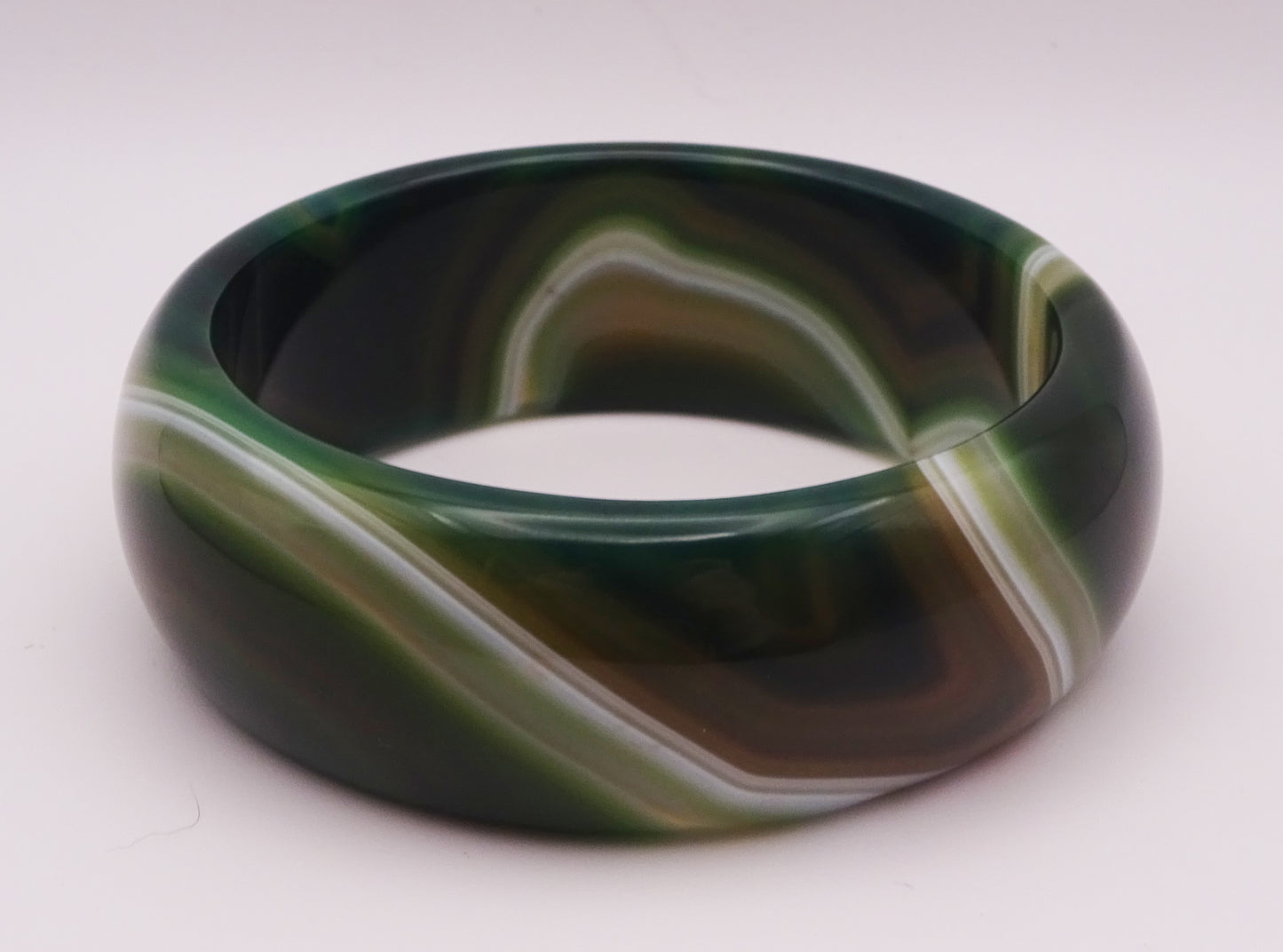 Polished Green Agate Bangle, with Brown and White Inclusions