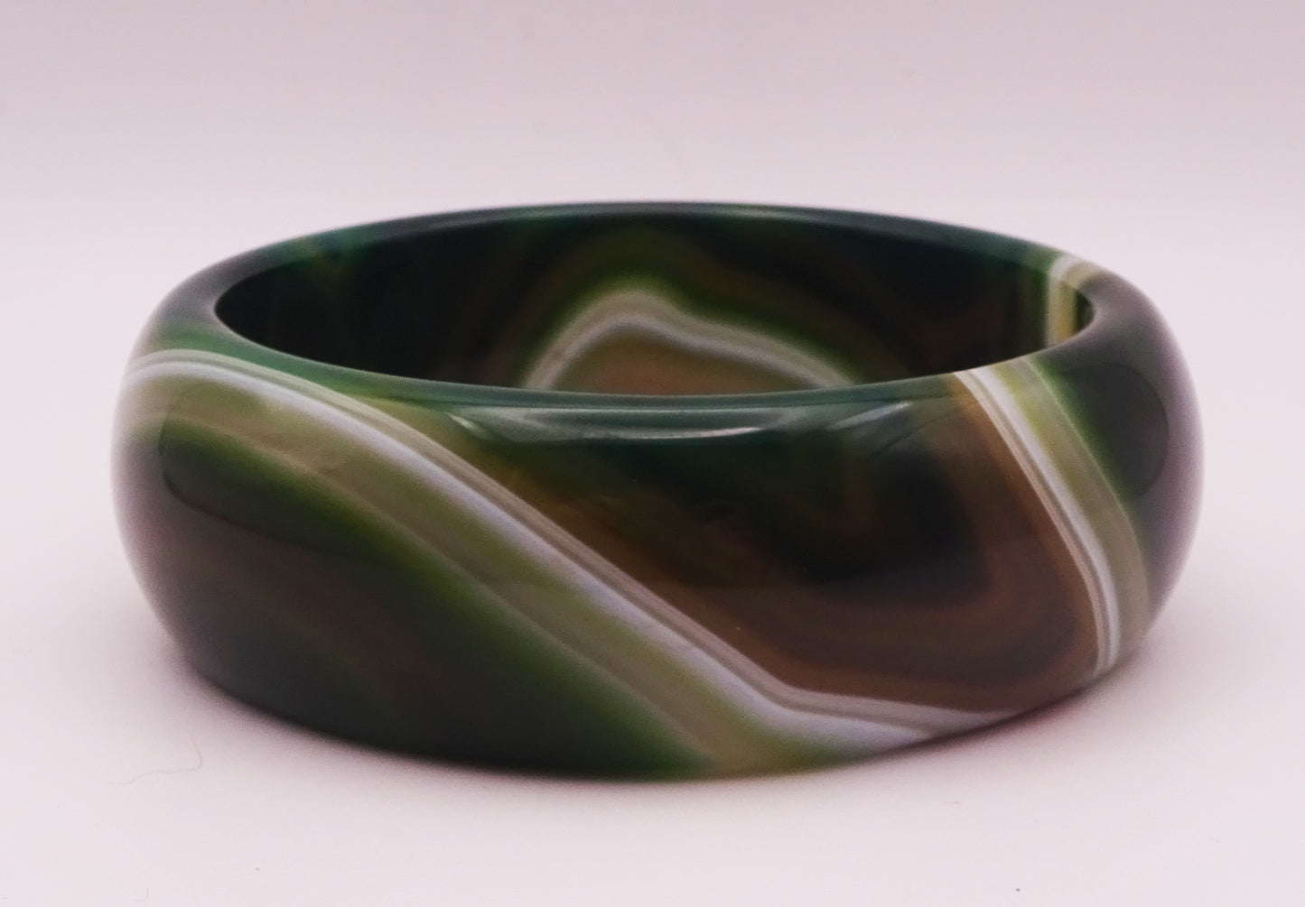 Polished Green Agate Bangle, with Brown and White Inclusions