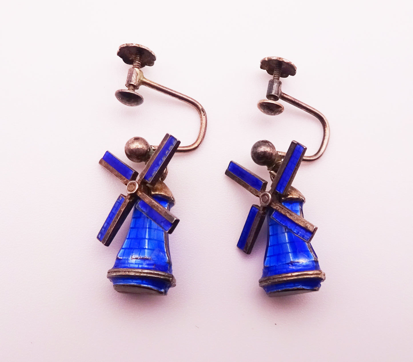 Scandinavian Silver and Blue Enamel Windmill Screwback Earrings