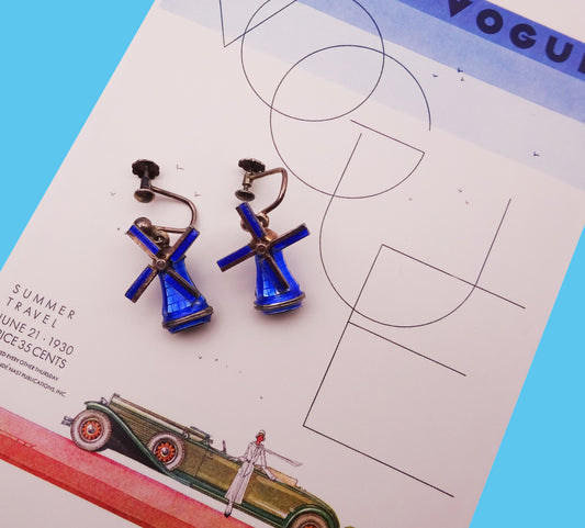 Scandinavian Silver and Blue Enamel Windmill Screwback Earrings