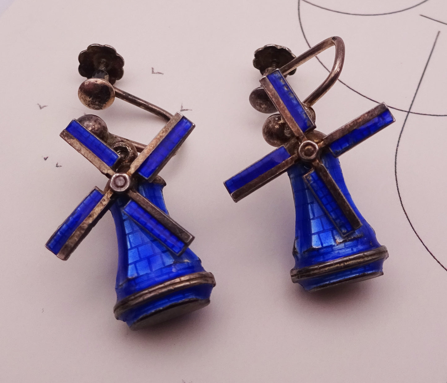 Scandinavian Silver and Blue Enamel Windmill Screwback Earrings