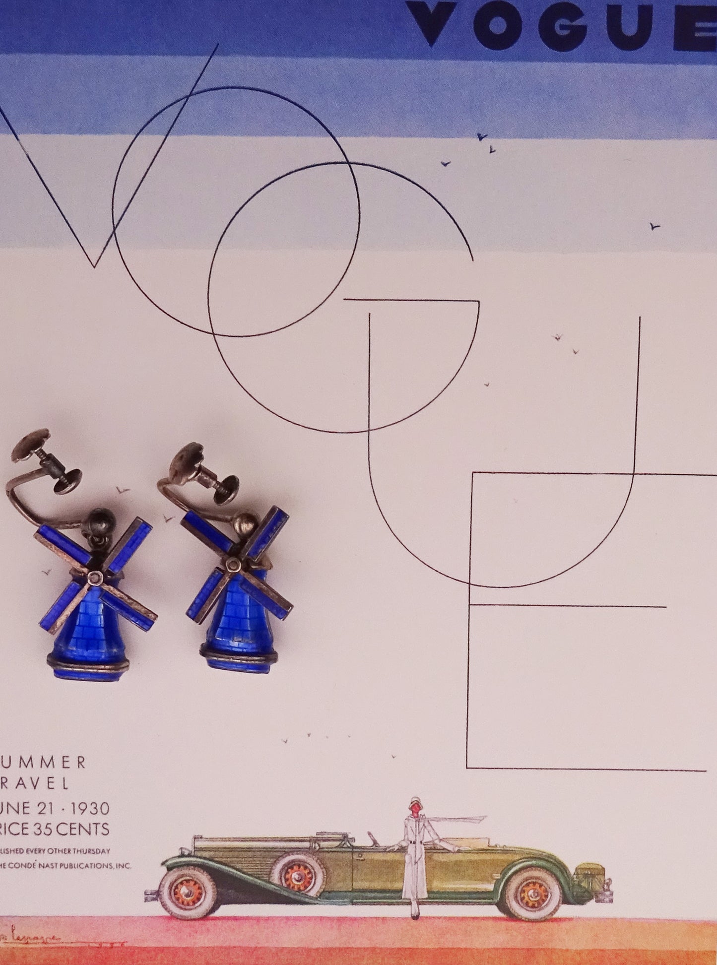 Scandinavian Silver and Blue Enamel Windmill Screwback Earrings