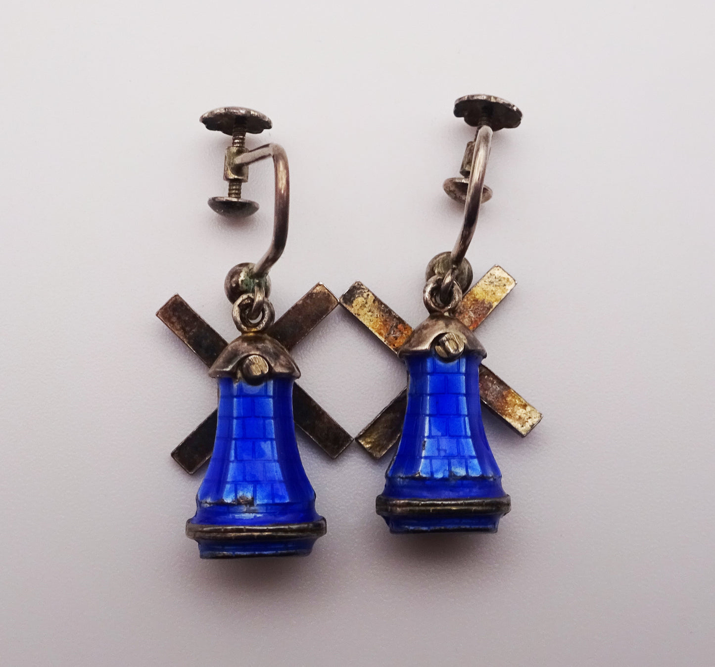 Scandinavian Silver and Blue Enamel Windmill Screwback Earrings